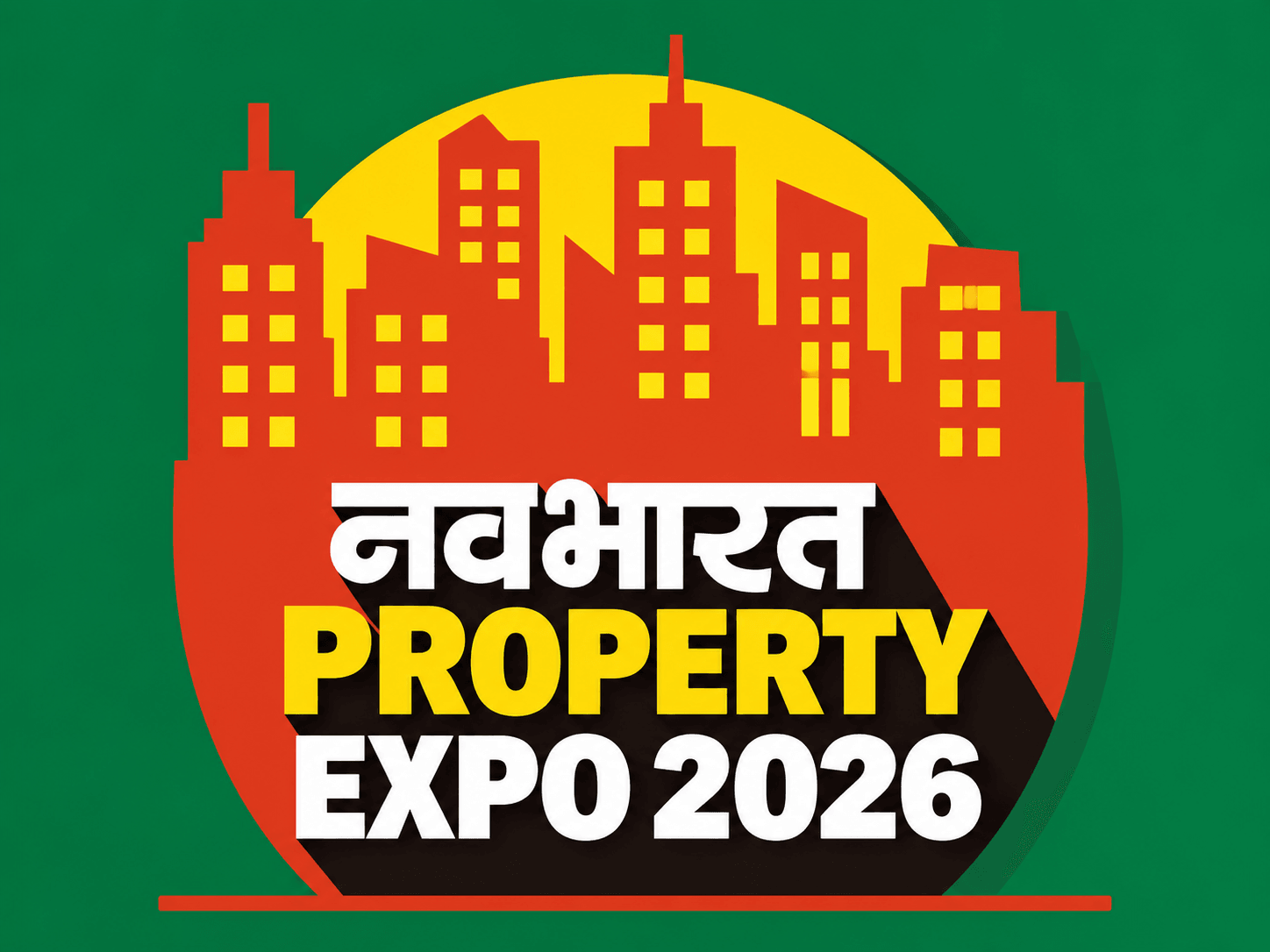 Navbharat Property Expo 2026 logo — a red city skyline against a yellow sun on a green background.